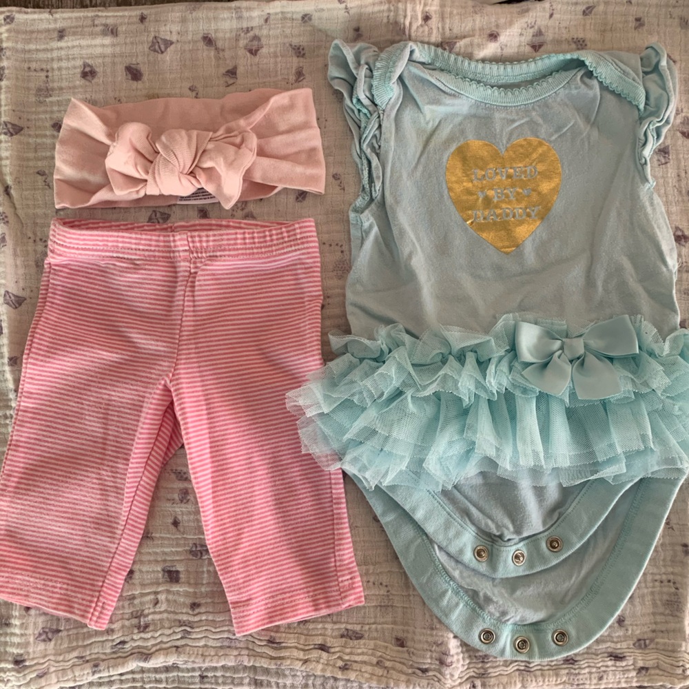 “Loved By Daddy” Light Blue Ruffle Onesie with pants and headband